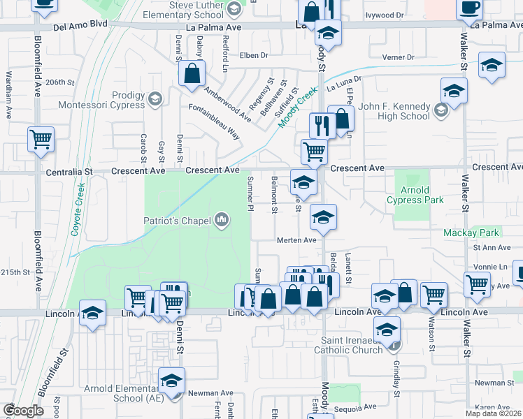 map of restaurants, bars, coffee shops, grocery stores, and more near 4772 Grace Avenue in Cypress
