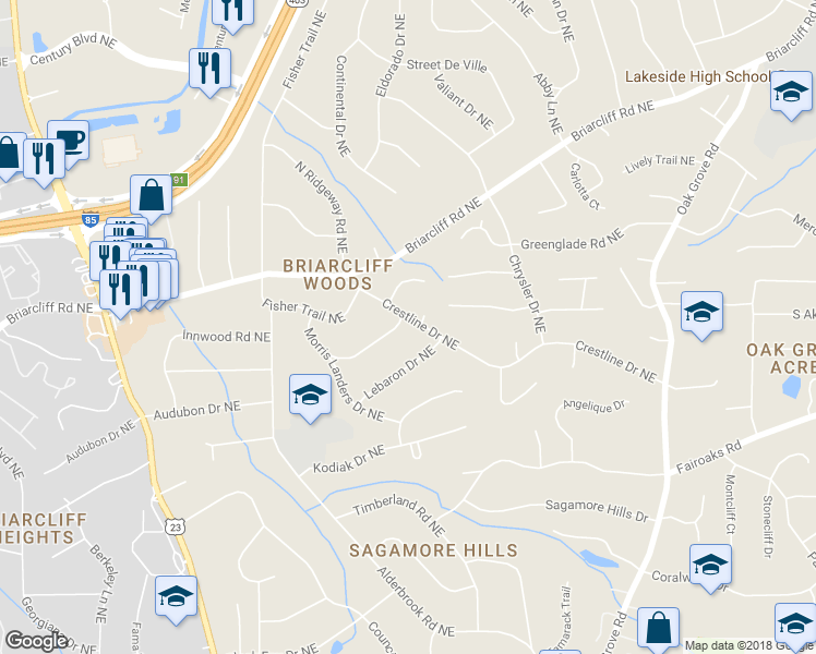 map of restaurants, bars, coffee shops, grocery stores, and more near 2181 Impala Drive Northeast in Atlanta