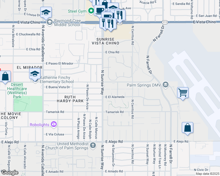 map of restaurants, bars, coffee shops, grocery stores, and more near 1727 East Tachevah Drive in Palm Springs