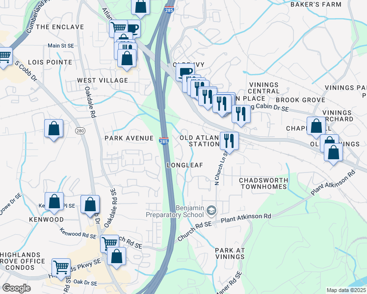 map of restaurants, bars, coffee shops, grocery stores, and more near 4735 Longcourt Drive in Atlanta