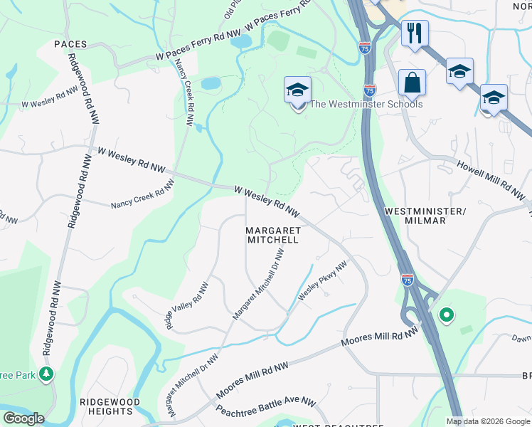 map of restaurants, bars, coffee shops, grocery stores, and more near 2991 Sequoyah Drive Northwest in Atlanta