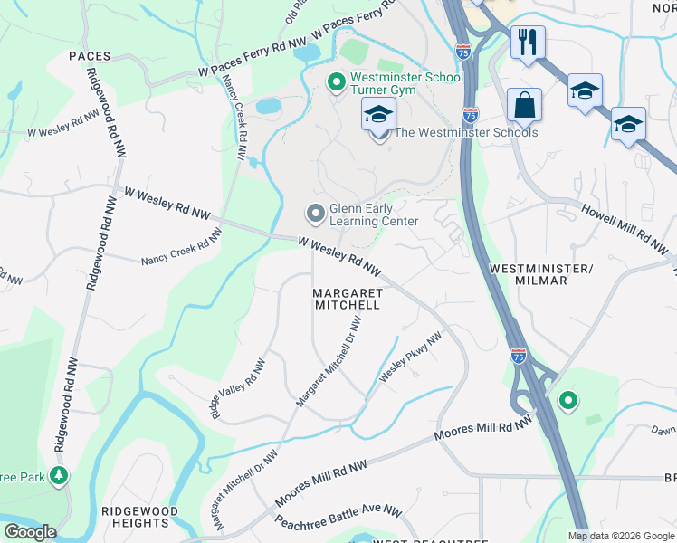 map of restaurants, bars, coffee shops, grocery stores, and more near 2991 Sequoyah Drive Northwest in Atlanta