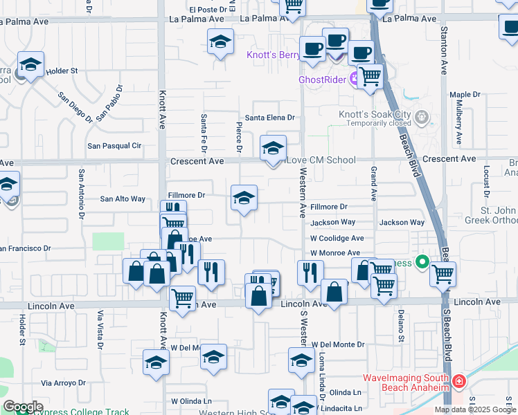 map of restaurants, bars, coffee shops, grocery stores, and more near 8666 Fillmore Circle in Buena Park
