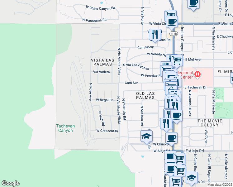 map of restaurants, bars, coffee shops, grocery stores, and more near 979 North Via Monte Vista in Palm Springs