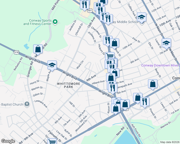 map of restaurants, bars, coffee shops, grocery stores, and more near 915 Tin Top Alley in Conway