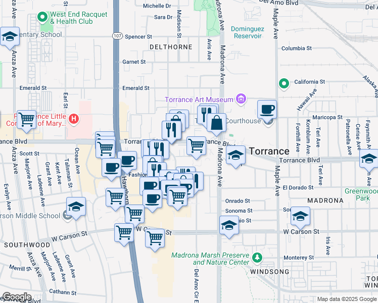 map of restaurants, bars, coffee shops, grocery stores, and more near 3538 Torrance Boulevard in Torrance