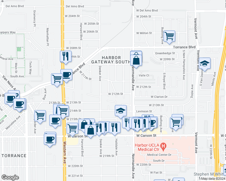 map of restaurants, bars, coffee shops, grocery stores, and more near 21137 Halldale Avenue in Torrance