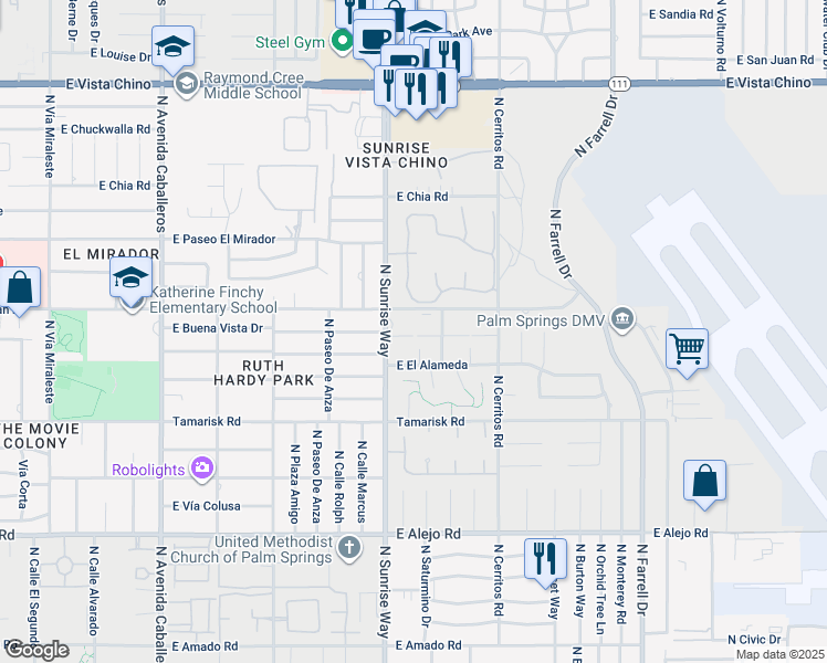 map of restaurants, bars, coffee shops, grocery stores, and more near 1727 East Tachevah Drive in Palm Springs