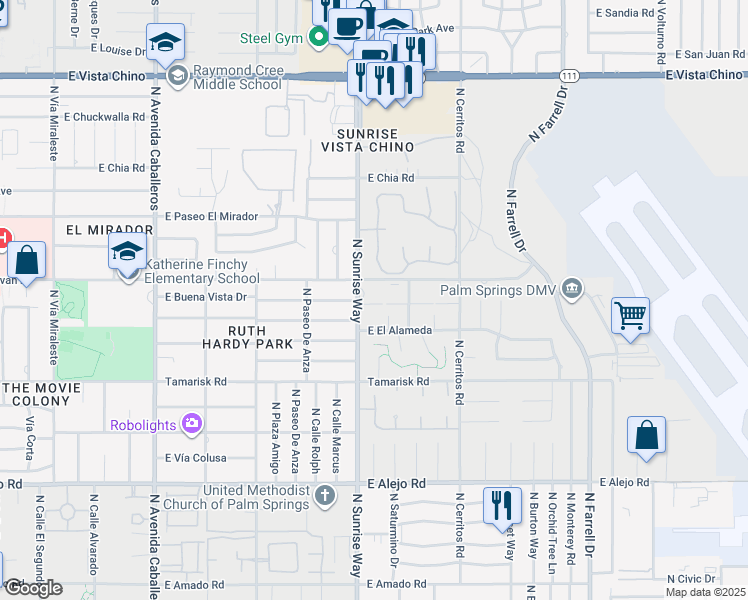 map of restaurants, bars, coffee shops, grocery stores, and more near 1721 East Tachevah Drive in Palm Springs