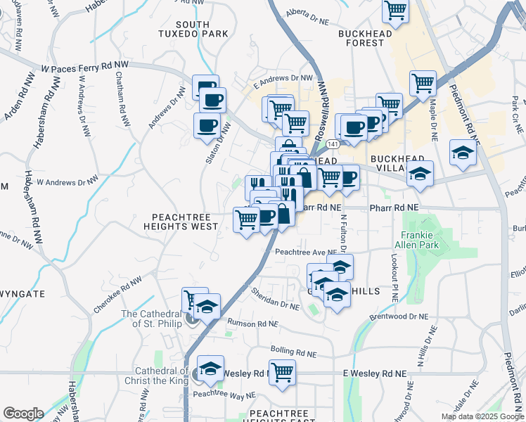 map of restaurants, bars, coffee shops, grocery stores, and more near 3002 Peachtree Road in Atlanta