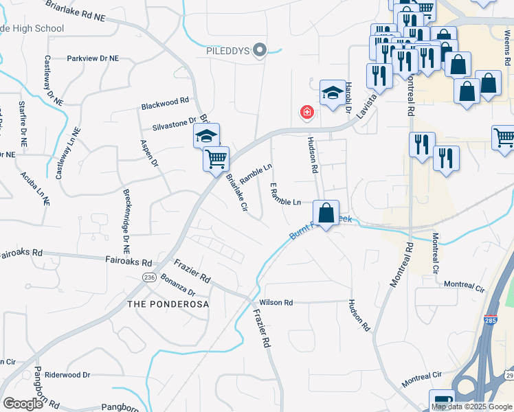 map of restaurants, bars, coffee shops, grocery stores, and more near 1737 Briarlake Circle in Decatur