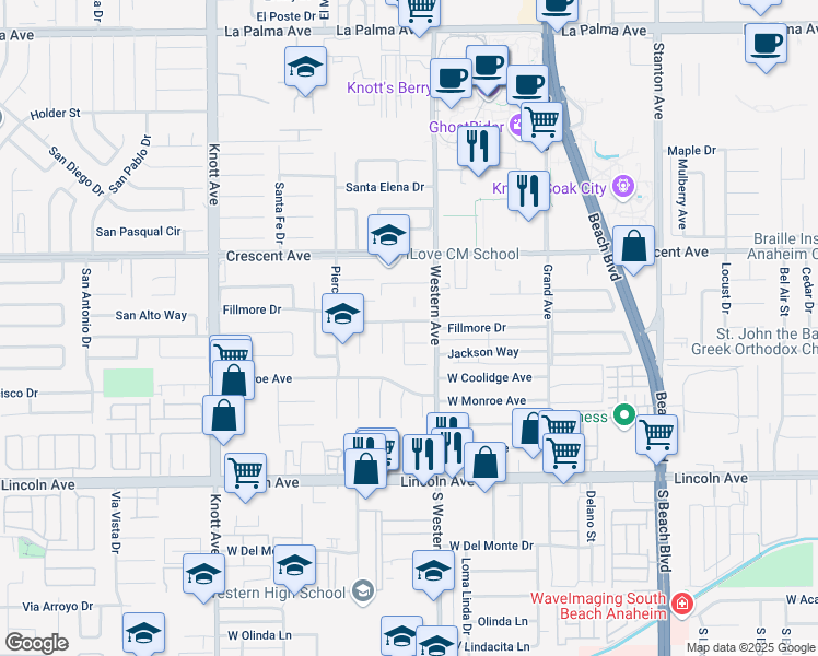 map of restaurants, bars, coffee shops, grocery stores, and more near 7436 Fillmore Drive in Buena Park