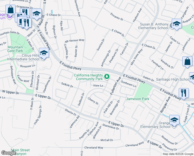 map of restaurants, bars, coffee shops, grocery stores, and more near 648 Viewpointe Lane in Corona