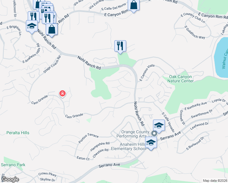 map of restaurants, bars, coffee shops, grocery stores, and more near 760 South Stillwater Lane in Anaheim