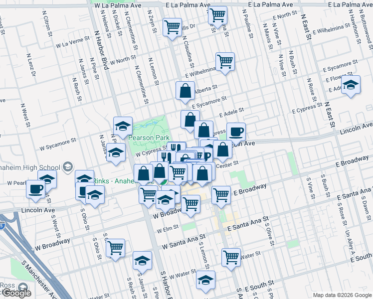 map of restaurants, bars, coffee shops, grocery stores, and more near in Anaheim