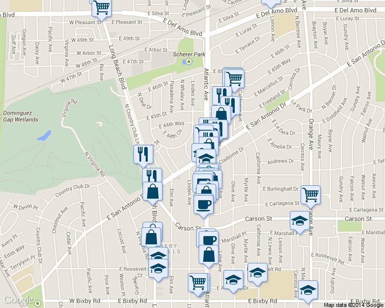 map of restaurants, bars, coffee shops, grocery stores, and more near 4416 Linden Avenue in Long Beach