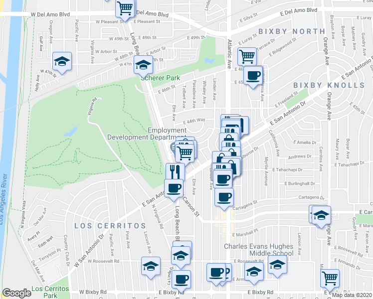 map of restaurants, bars, coffee shops, grocery stores, and more near 404 East Freeland Street in Long Beach