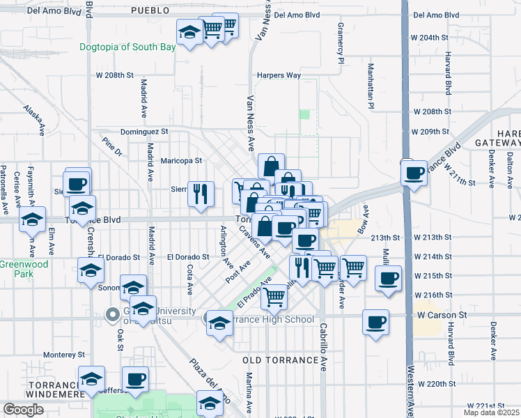 map of restaurants, bars, coffee shops, grocery stores, and more near 923 Sartori Avenue in Torrance