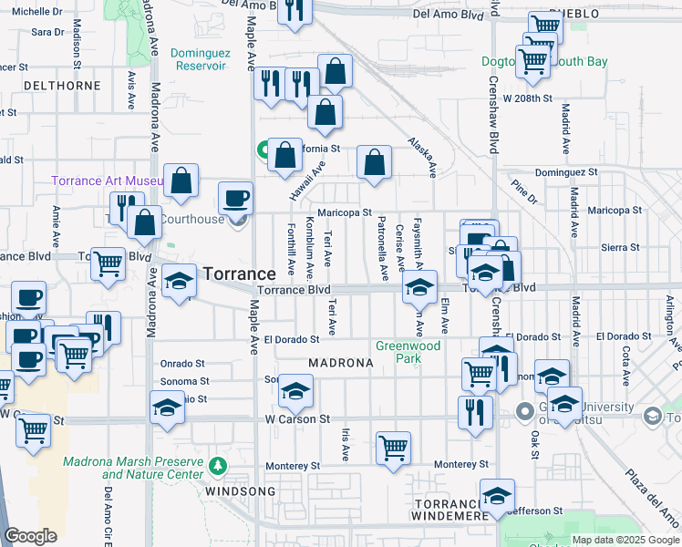 map of restaurants, bars, coffee shops, grocery stores, and more near 1104 Teri Avenue in Torrance