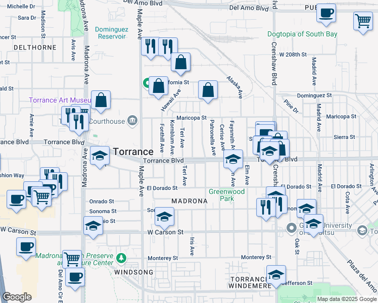 map of restaurants, bars, coffee shops, grocery stores, and more near 1104 Teri Avenue in Torrance