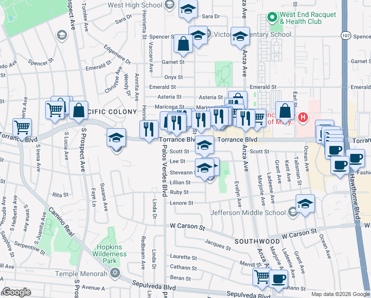 map of restaurants, bars, coffee shops, grocery stores, and more near 5115 Scott Street in Torrance