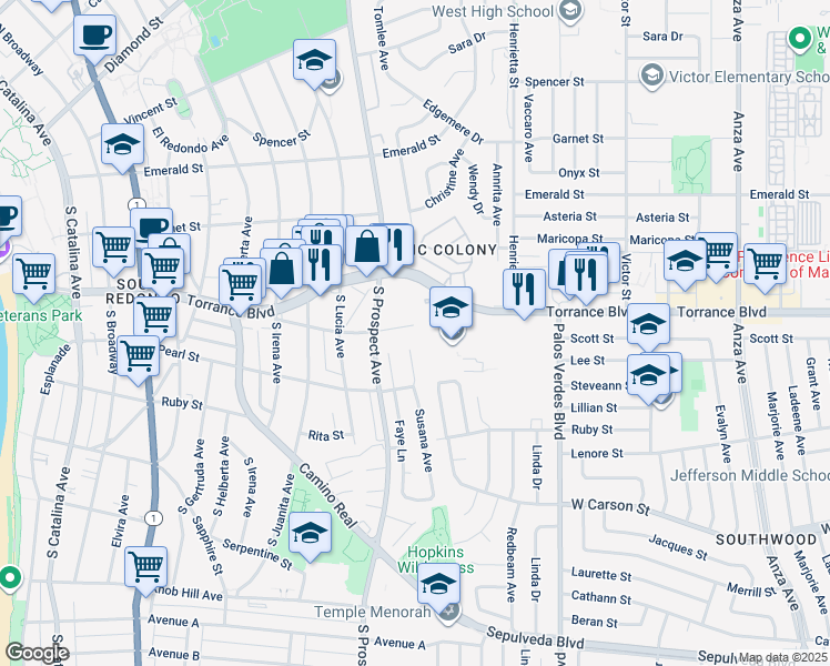 map of restaurants, bars, coffee shops, grocery stores, and more near 1108 Opal Street in Redondo Beach