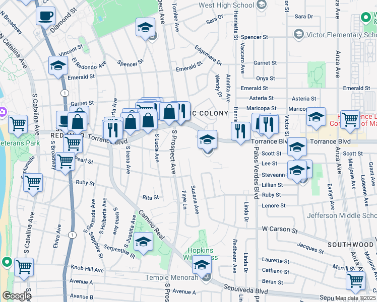map of restaurants, bars, coffee shops, grocery stores, and more near 1108 Opal Street in Redondo Beach