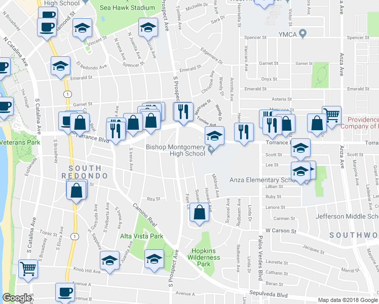 map of restaurants, bars, coffee shops, grocery stores, and more near 1108 Opal Street in Redondo Beach