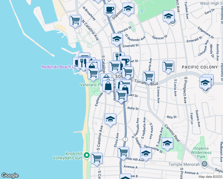 map of restaurants, bars, coffee shops, grocery stores, and more near 1 Pearl Street in Redondo Beach
