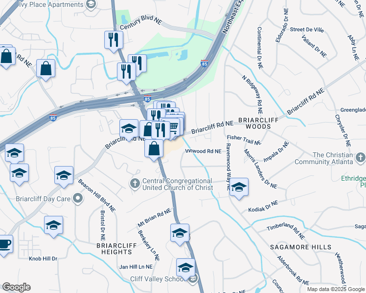 map of restaurants, bars, coffee shops, grocery stores, and more near 1958 Innwood Road Northeast in Atlanta