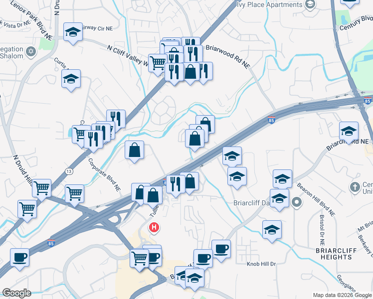 map of restaurants, bars, coffee shops, grocery stores, and more near 1590 Northeast Expressway in Atlanta