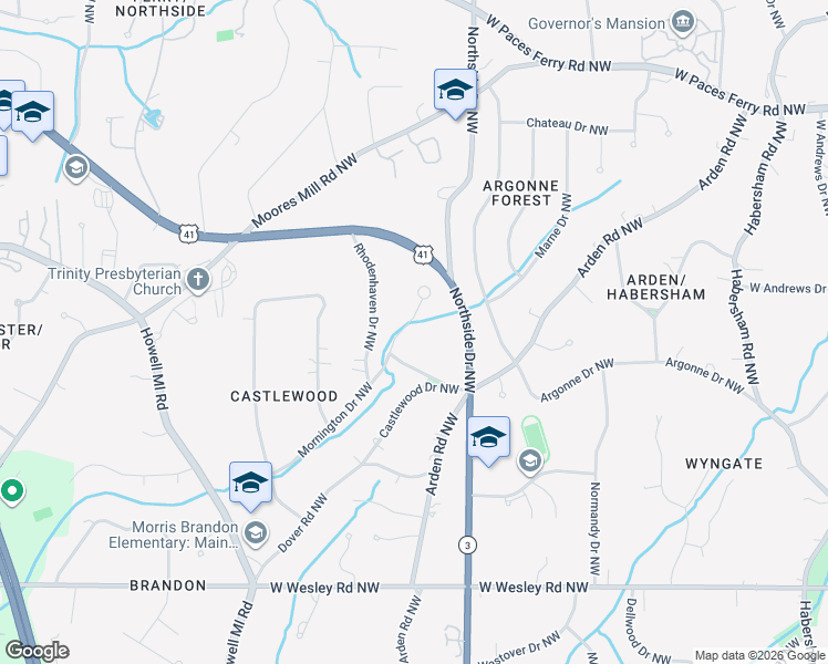 map of restaurants, bars, coffee shops, grocery stores, and more near 3003 Mornington Drive Northwest in Atlanta