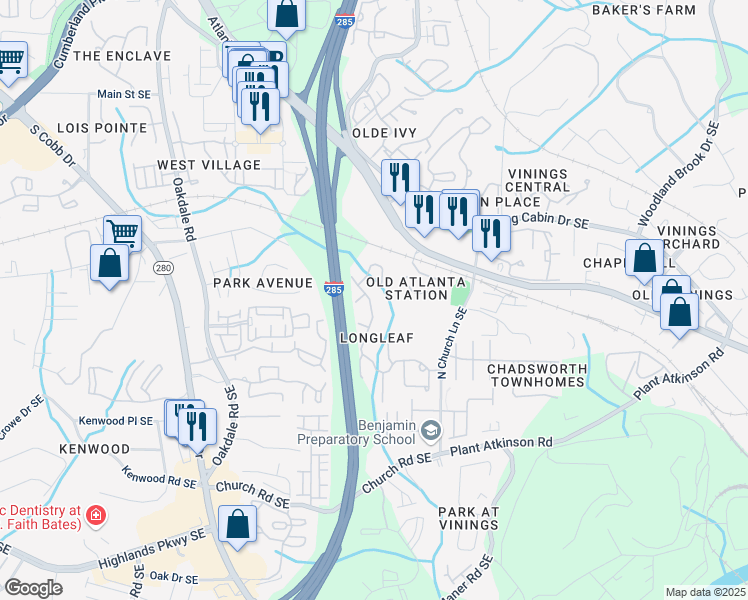 map of restaurants, bars, coffee shops, grocery stores, and more near 4735 Longcourt Drive in Atlanta