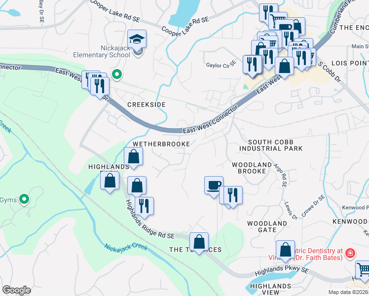 map of restaurants, bars, coffee shops, grocery stores, and more near 130 Wetherbrooke Lane Southeast in Smyrna