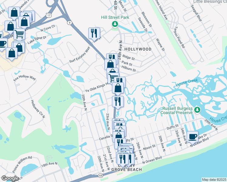 map of restaurants, bars, coffee shops, grocery stores, and more near 2308 Curley Street in North Myrtle Beach