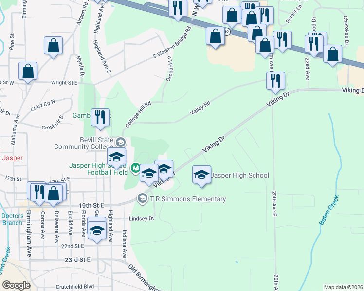 map of restaurants, bars, coffee shops, grocery stores, and more near 1600 14th Avenue East in Jasper