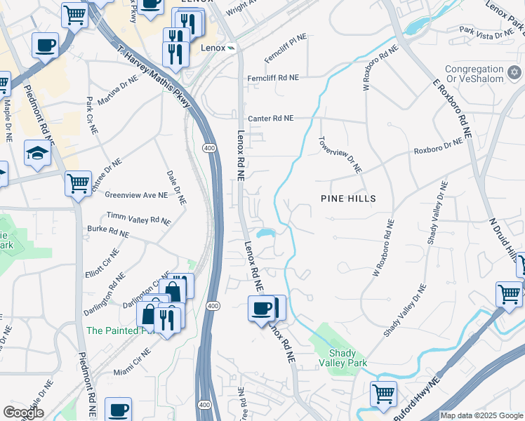 map of restaurants, bars, coffee shops, grocery stores, and more near 23310 Plantation Drive Northeast in Atlanta