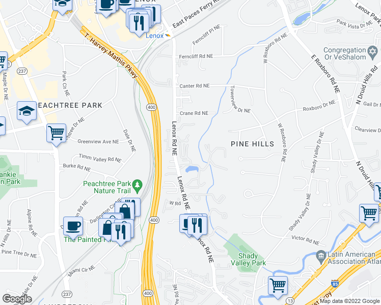 map of restaurants, bars, coffee shops, grocery stores, and more near 23101 Plantation Drive Northeast in Atlanta