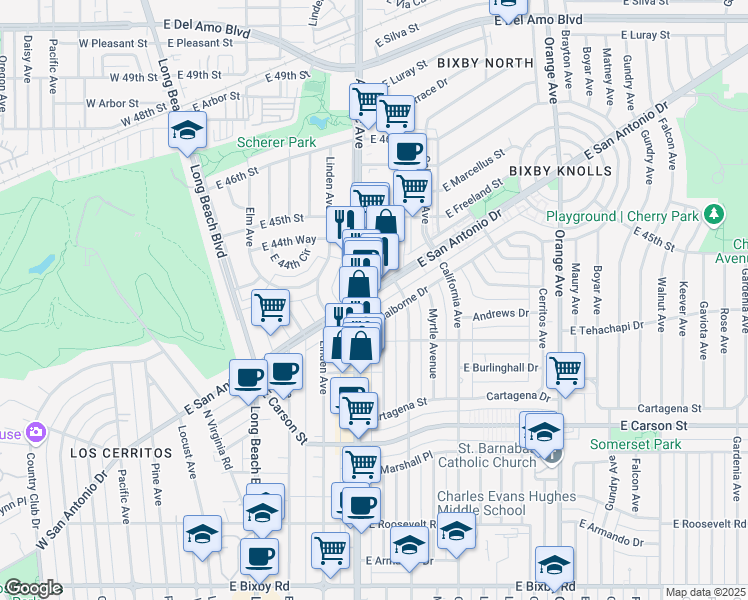 map of restaurants, bars, coffee shops, grocery stores, and more near 620 East San Antonio Drive in Long Beach