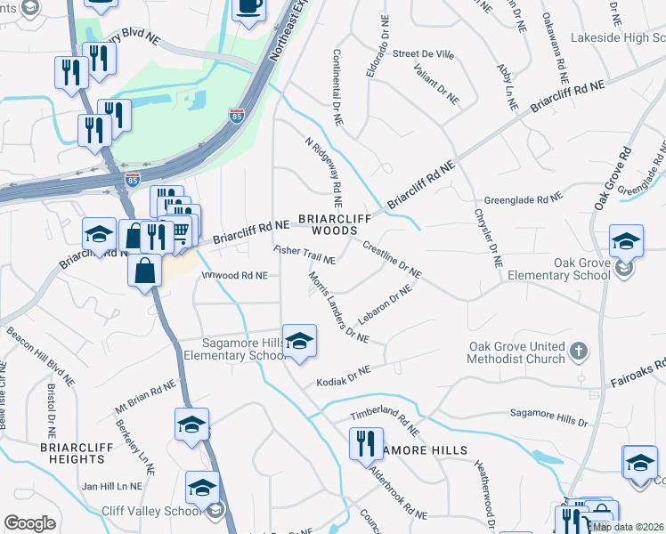 map of restaurants, bars, coffee shops, grocery stores, and more near 1808 Fisher Trail Northeast in Atlanta