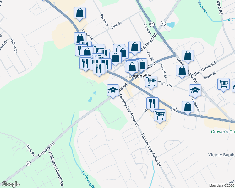 map of restaurants, bars, coffee shops, grocery stores, and more near 398 Conyers Road in Loganville