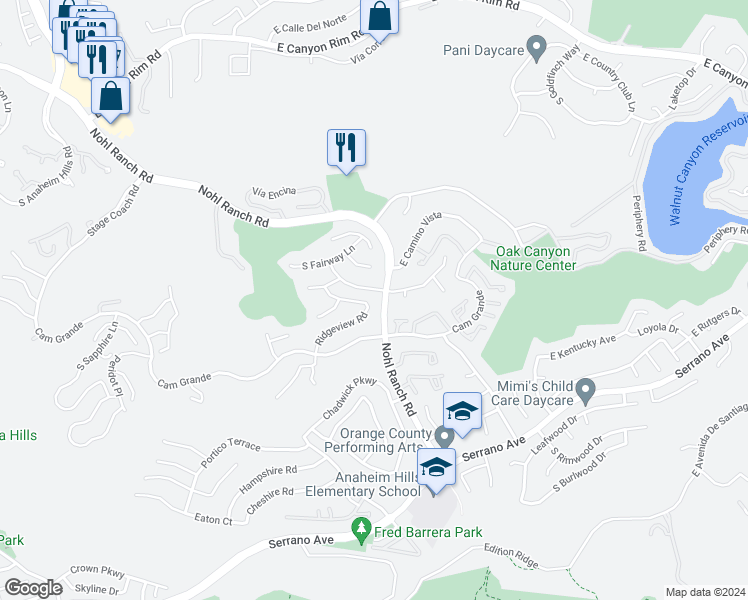 map of restaurants, bars, coffee shops, grocery stores, and more near 6491 East Ridge Glen Road in Anaheim