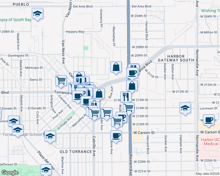 map of restaurants, bars, coffee shops, grocery stores, and more near 1844 Torrance Boulevard in Torrance