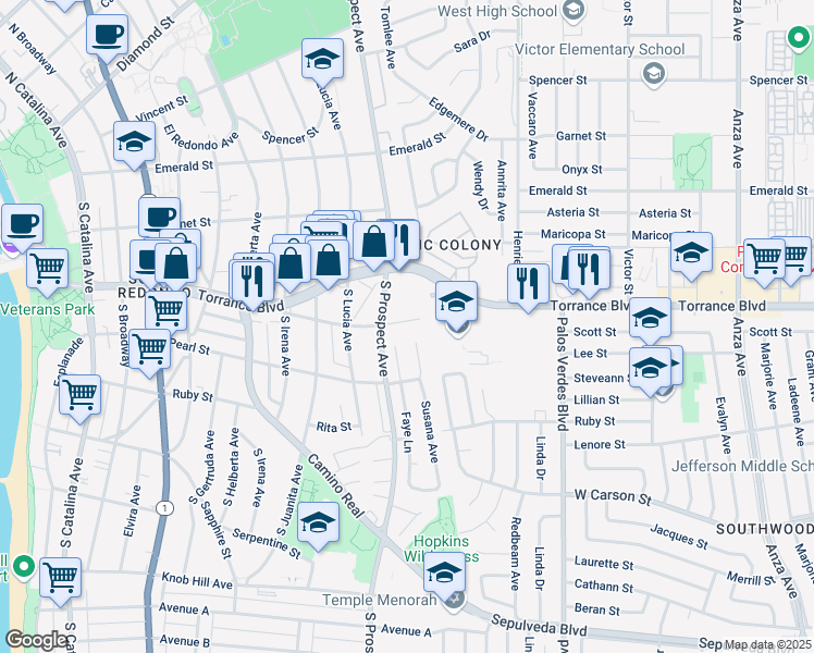 map of restaurants, bars, coffee shops, grocery stores, and more near 1108 Opal Street in Redondo Beach