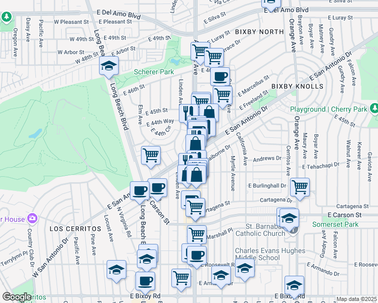 map of restaurants, bars, coffee shops, grocery stores, and more near 4401 Atlantic Avenue in Long Beach