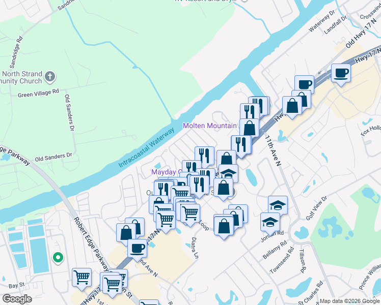 map of restaurants, bars, coffee shops, grocery stores, and more near 1513 Norris Avenue in North Myrtle Beach