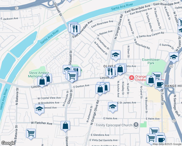 map of restaurants, bars, coffee shops, grocery stores, and more near 2870 North Cottonwood Street in Orange