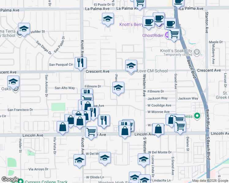 map of restaurants, bars, coffee shops, grocery stores, and more near 8659 Pierce Drive in Buena Park
