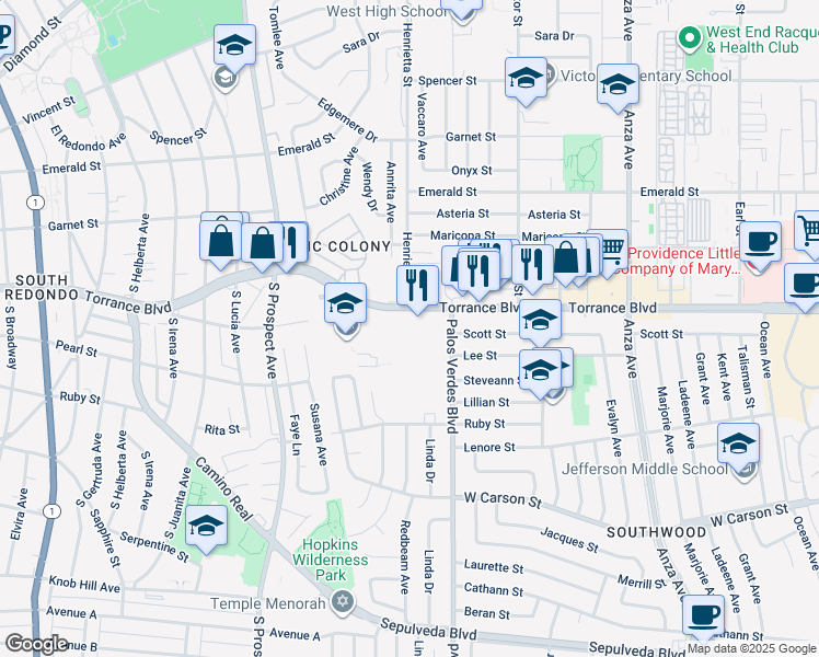 map of restaurants, bars, coffee shops, grocery stores, and more near 5334 Torrance Boulevard in Torrance