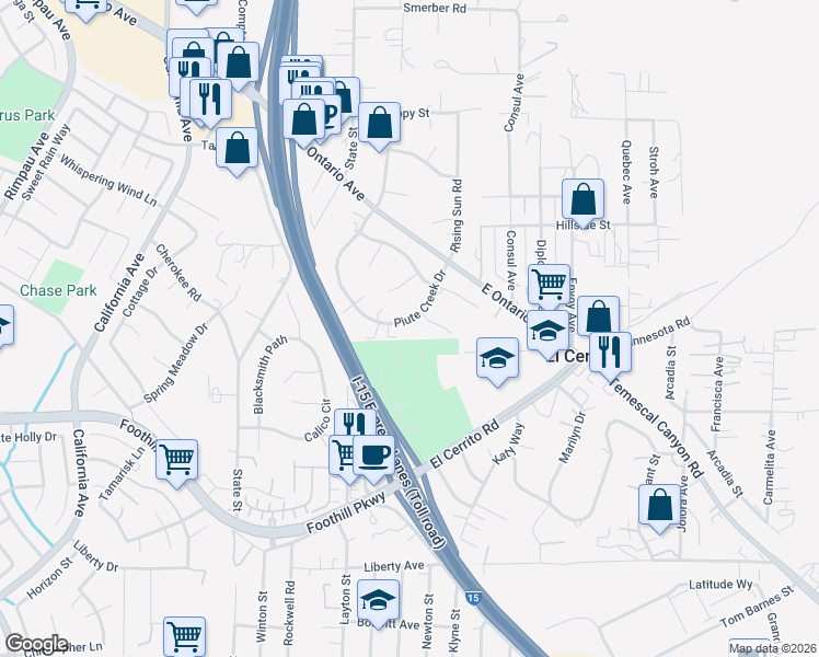 map of restaurants, bars, coffee shops, grocery stores, and more near 7365 Piute Creek Drive in Corona